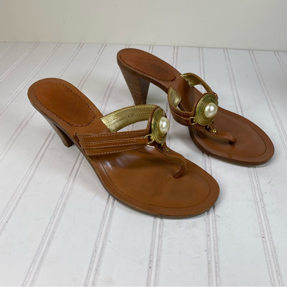Coach  brown leather thong heeled sandals